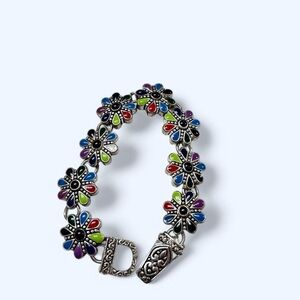 Red and Blue Vintage Beaded Bracelet with Silver-Toned Clasp